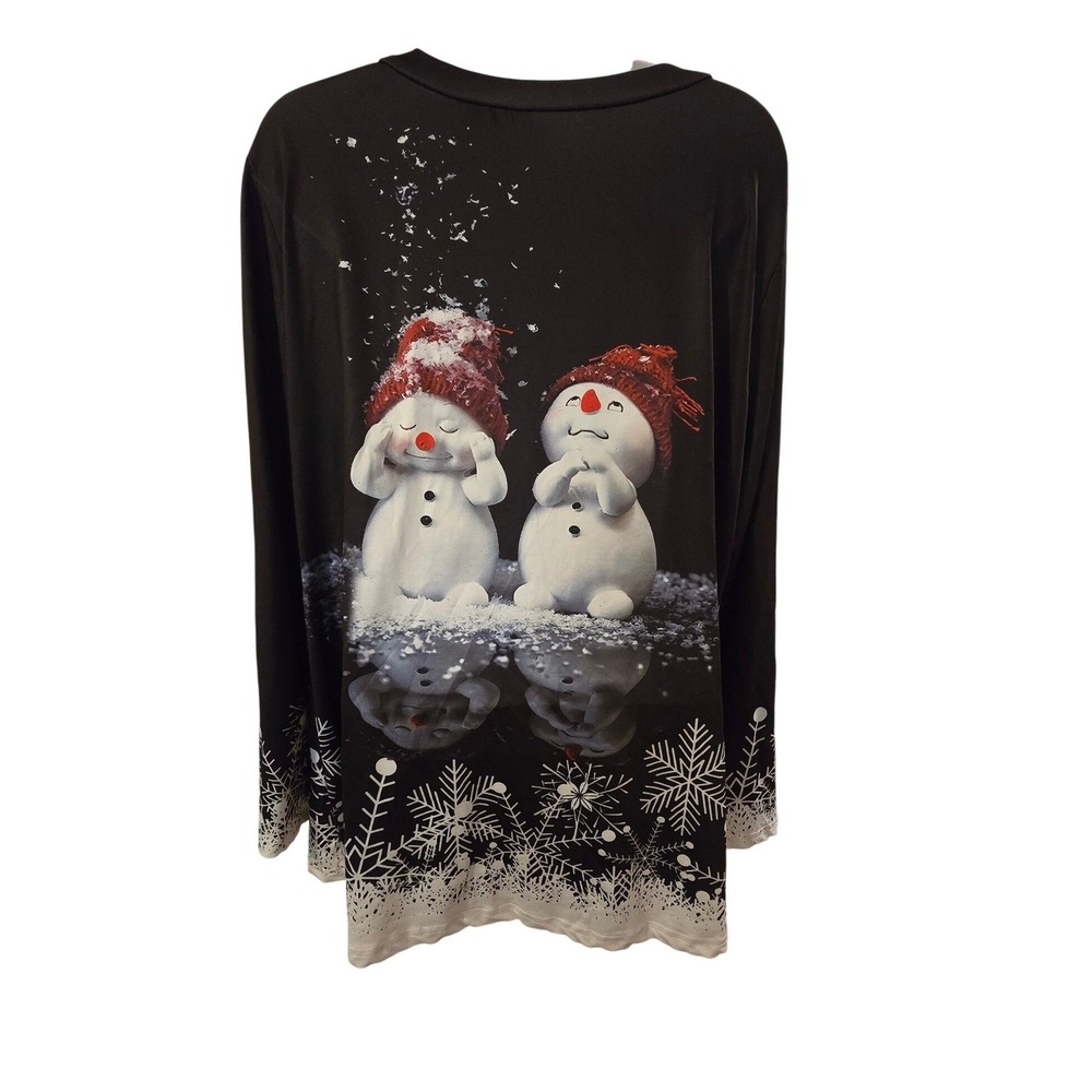 Cute Snowman Long Sleeve V Neck Tunic Top Black White Christmas Holiday /0111 - Picture 4 of 5